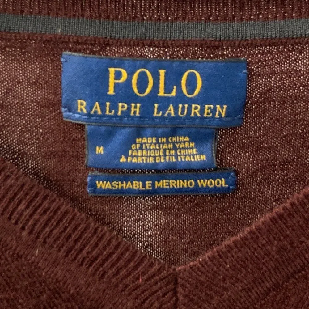 Polo Ralph Lauren Maroon Washable Merino Wool V-Neck Sweater Size Medium
